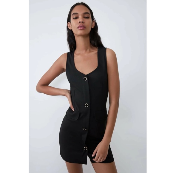 NEW ZARA Rhinestone Button Down Career Mini Dress Black M - Picture 1 of 9